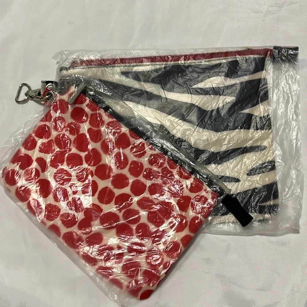 Set of 2 Canvas Zipper Pouches Zebra Stripe and Red Polka Dot Travel Bags